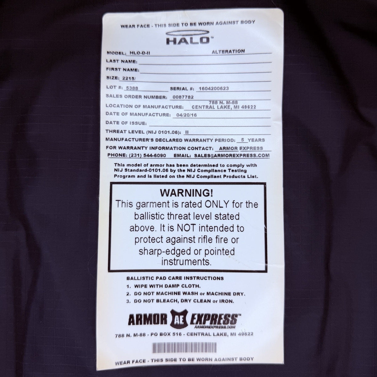 Armor Express Level 2 II Vest Size Large Black Bulletproof Concealable Ballistic