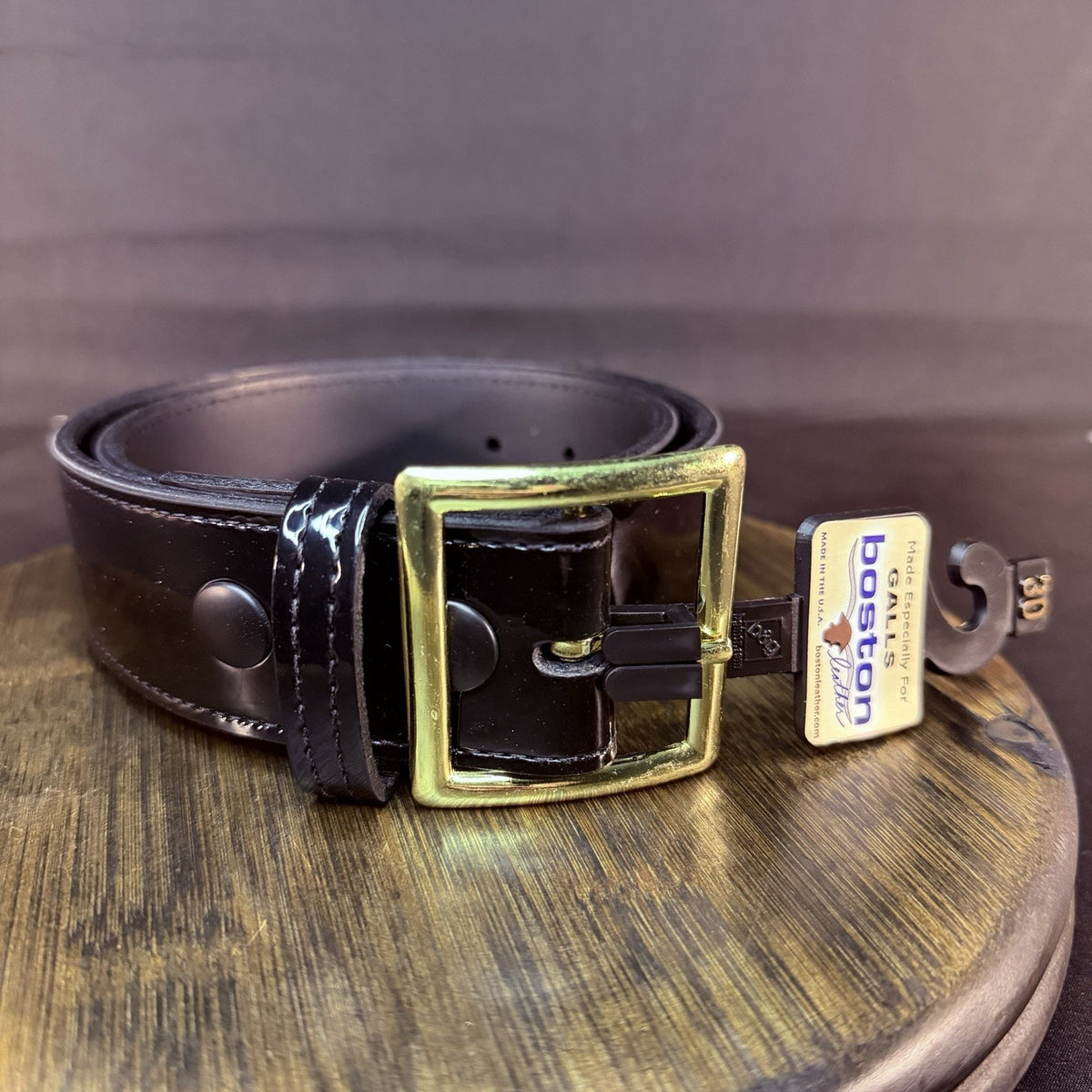 Boston Leather Belt Size 30" High Gloss Black Garrison Gold Buckle Made in USA