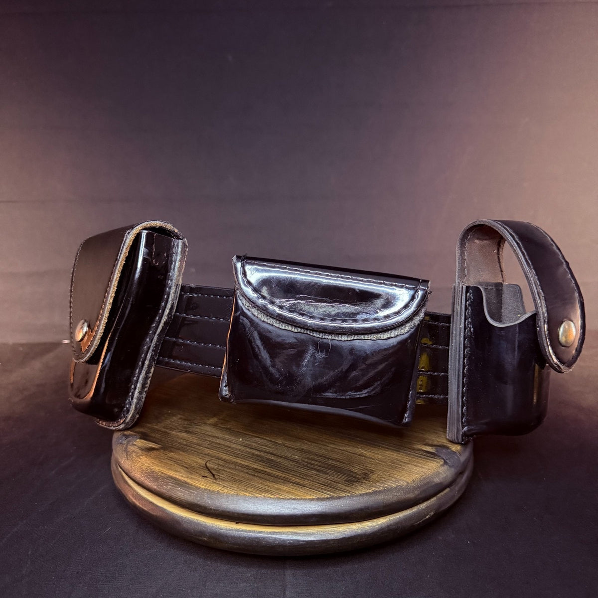 Don Hume Duty Belt Size 34" w/Handcuff, Mace, Glove Cases Hi-Gloss Black Leather