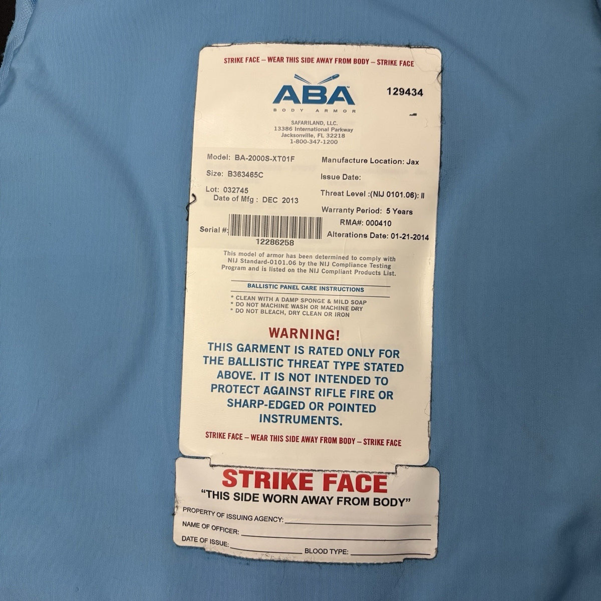 ABA Bullet Proof Vest Level 2 (II) Size Female Large Concealable Ballistic Vest