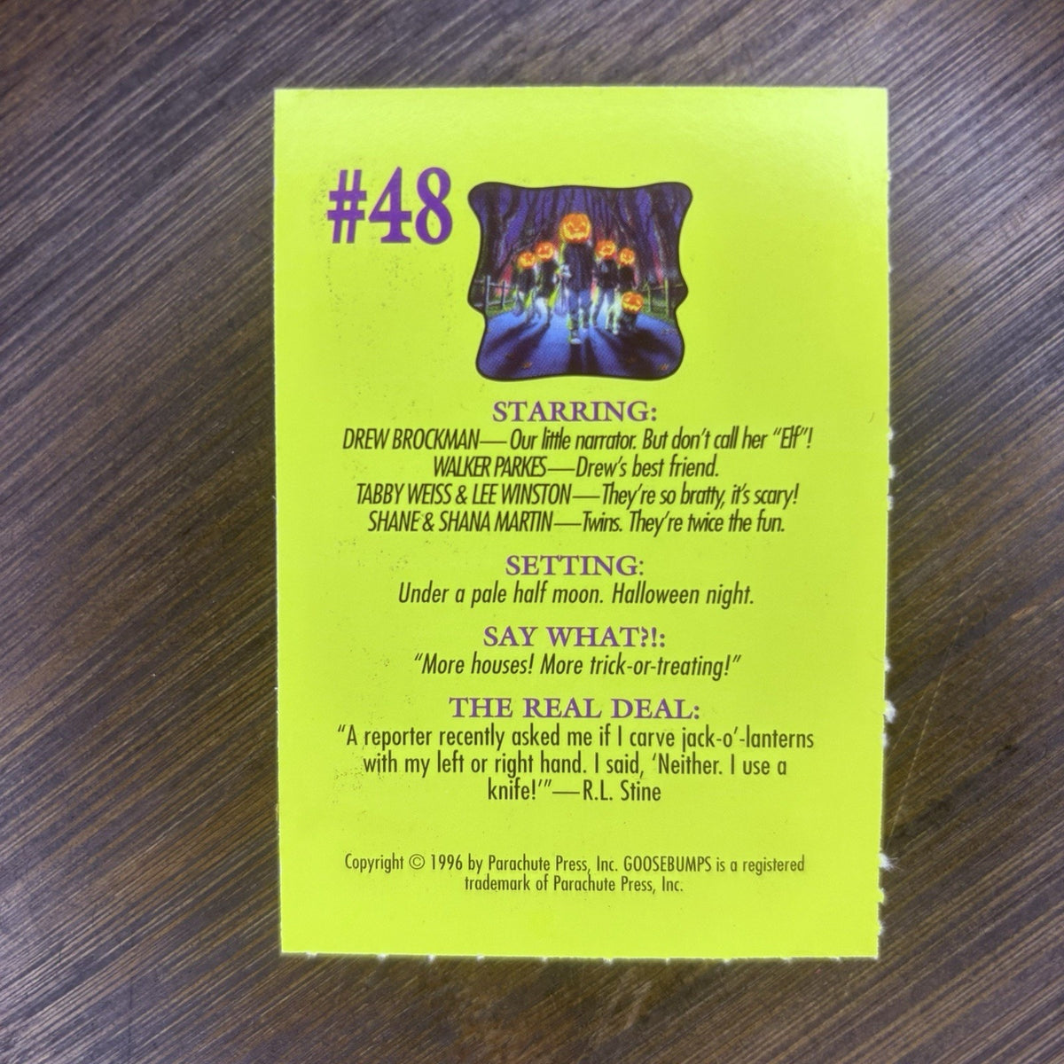 1996 Goosebumps Book R.L. Stine Attack Of The Jack-O'-lanters Bookmark Card #48