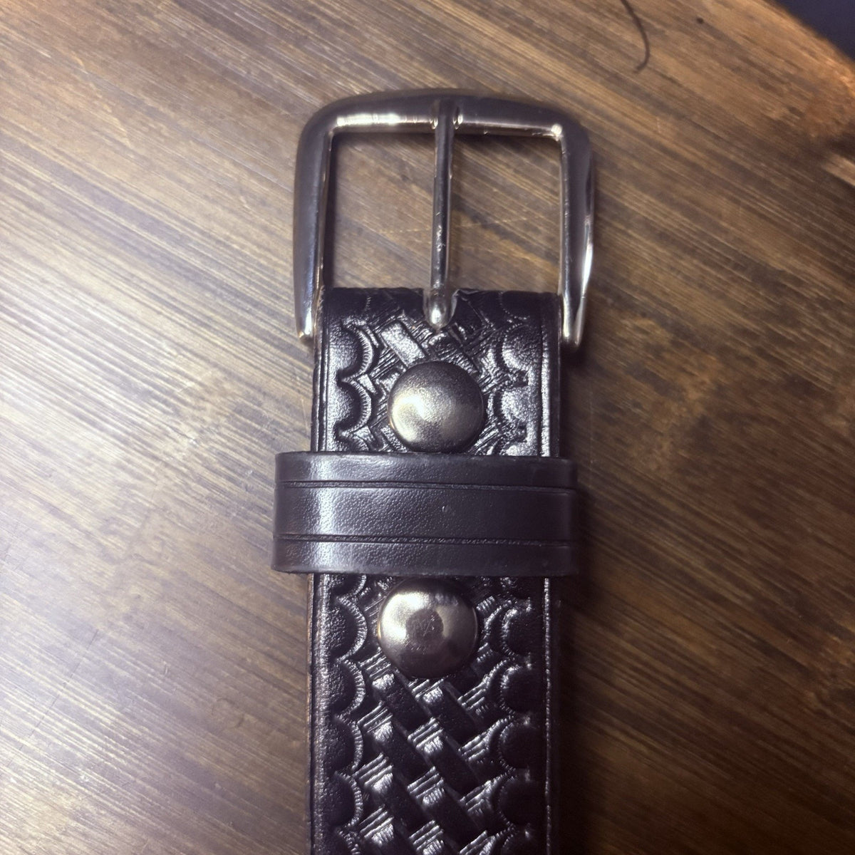 JS Leather Belt Size 32" Off Duty Black Basket Weave Chrome Buckle