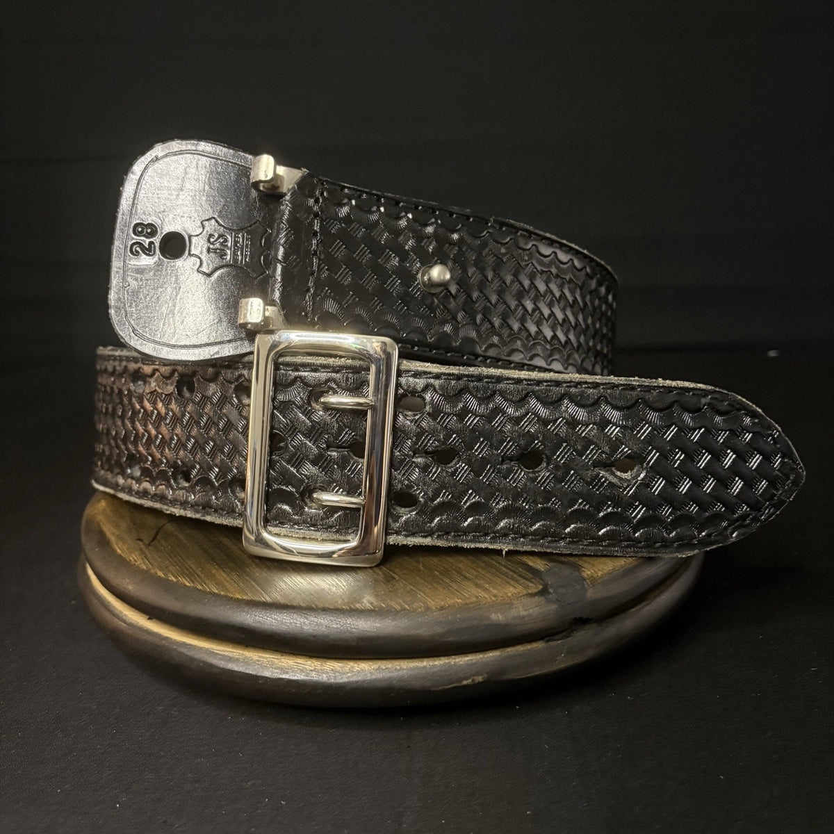 JS Leather Duty Belt Size 28" Waist Sam Browne Black Basket Weave Chrome Buckle