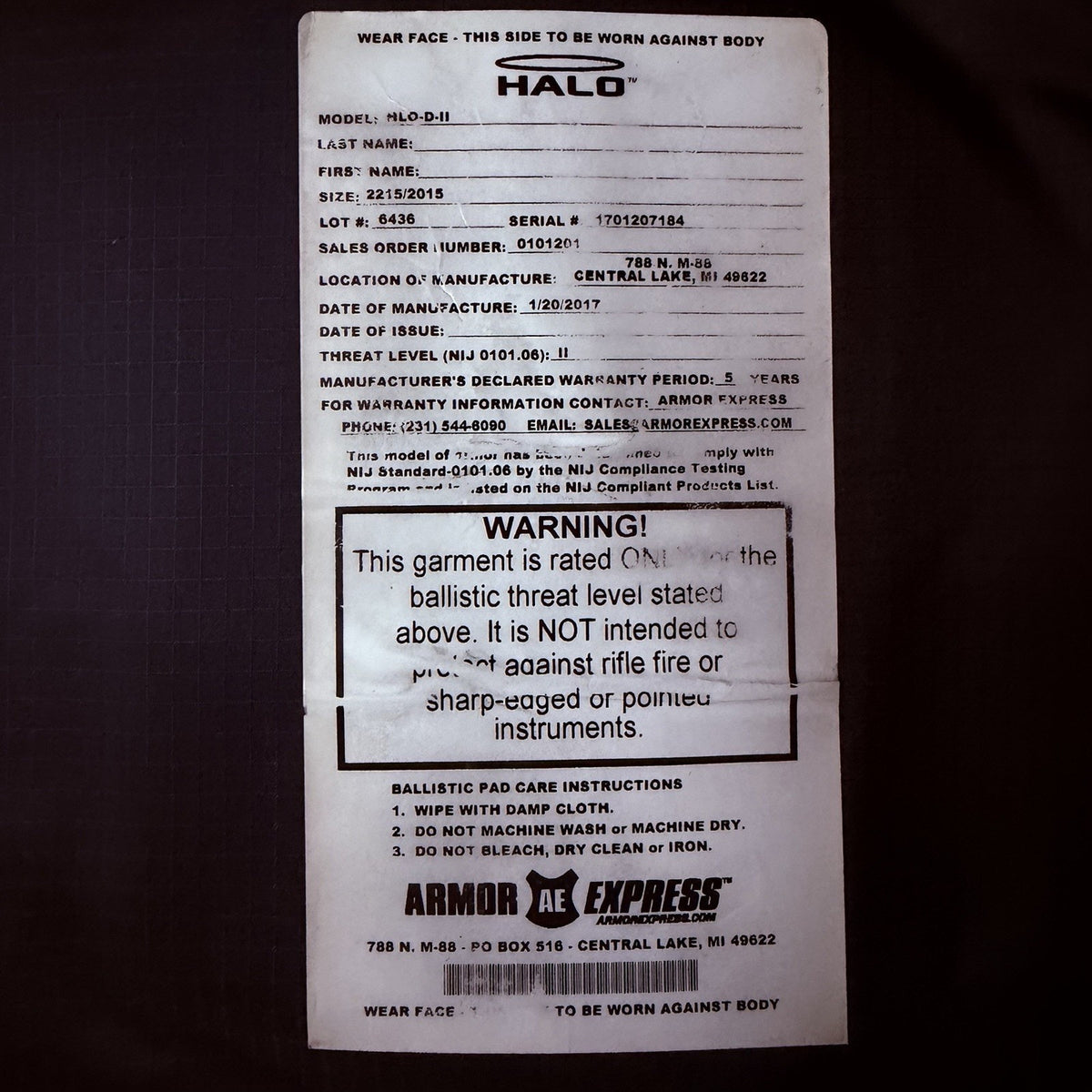 Armor Express Level 2 II Vest Size Large Black Bulletproof Concealable Ballistic