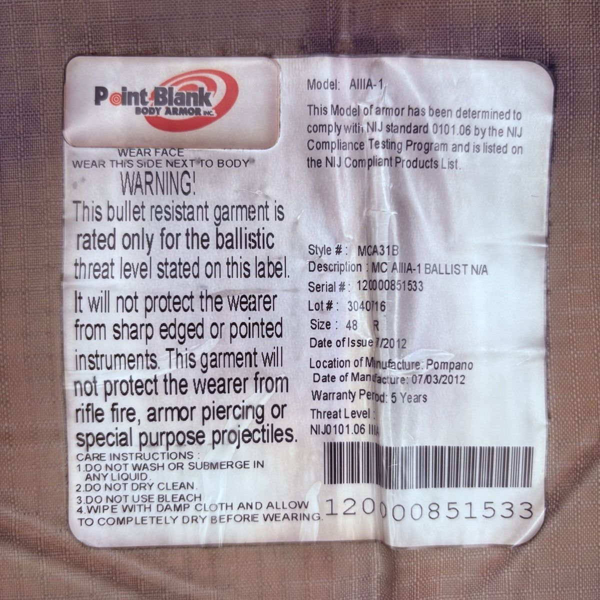 PB Armor 3A Bullet Proof Vest Size Large IIIA Ballistic Concealable Body Armor