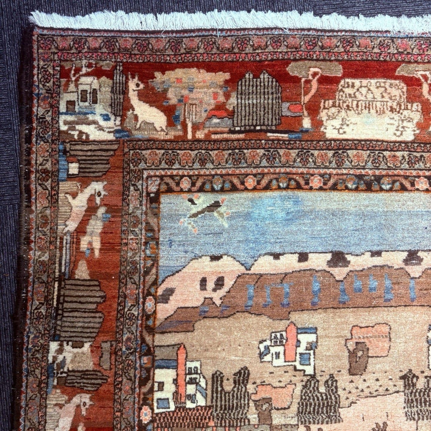 Antique Persian Hand Knotted Pictorial Rug 9'x5' 1940s Kashann Rug