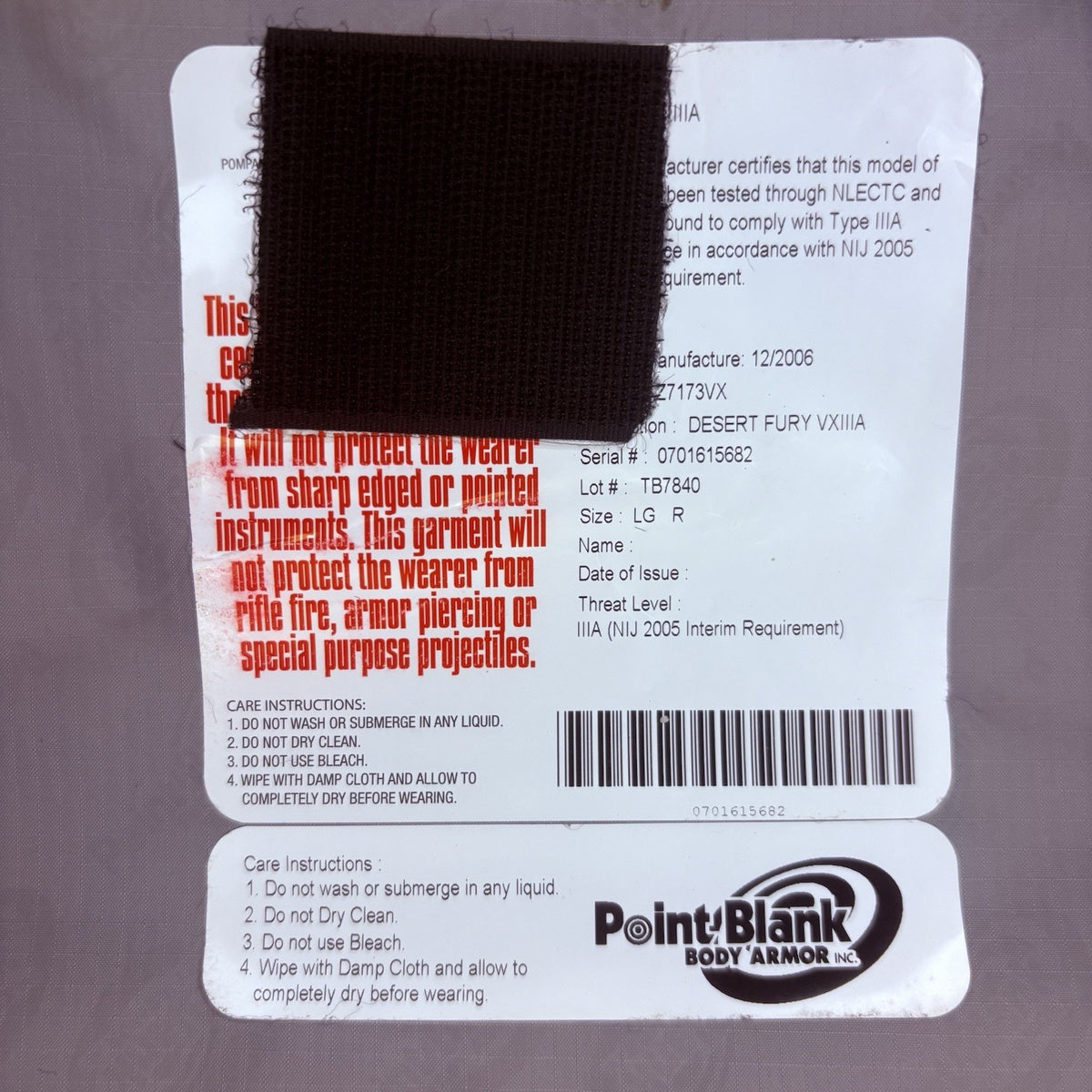 PB Ballistic 3A Tactical Carrier Size Large VXIIIA Bulletproof Soft Body Armor