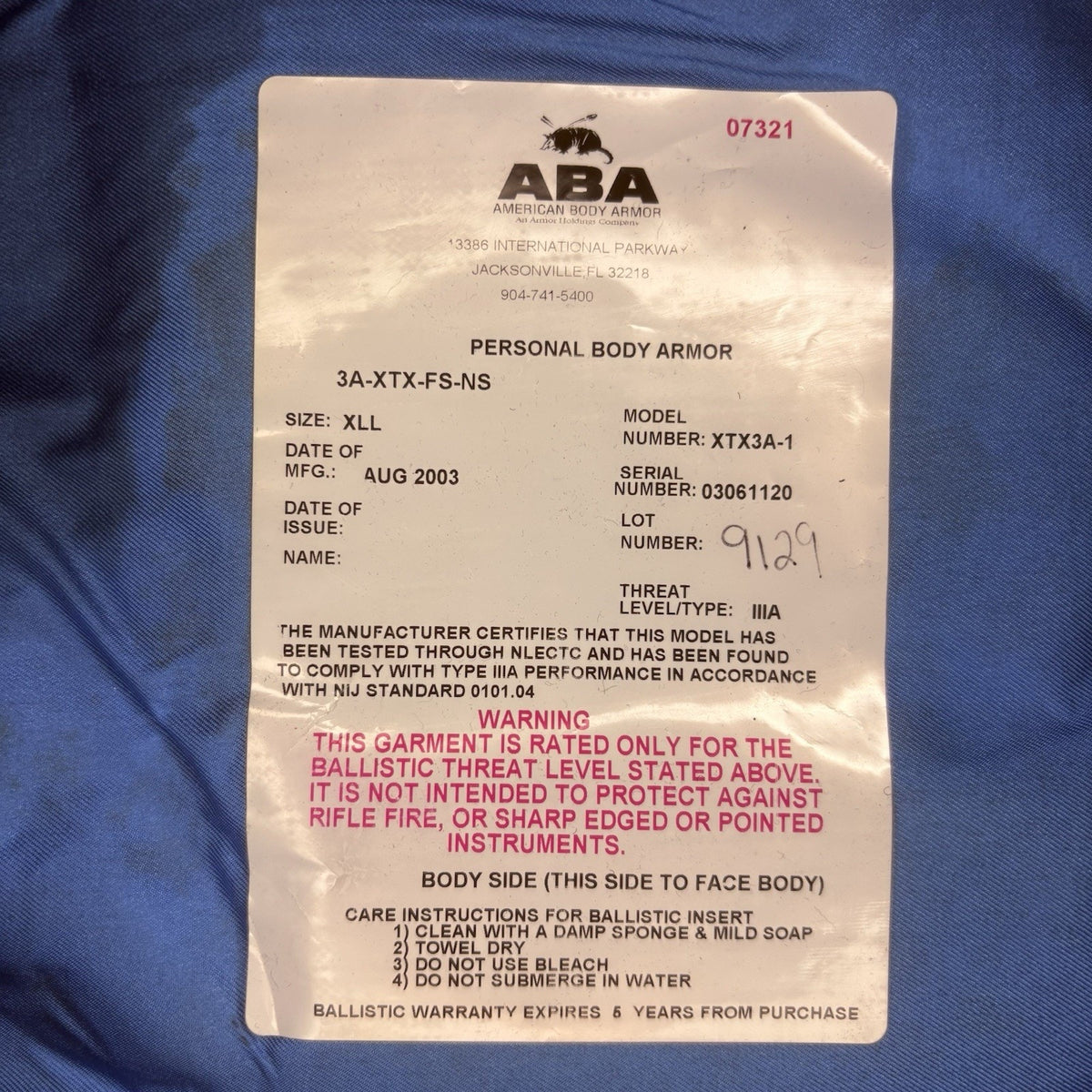 American Body Armor 3A Tactical Carrier Size Large Blue w/Pouches IIIA Ballistic