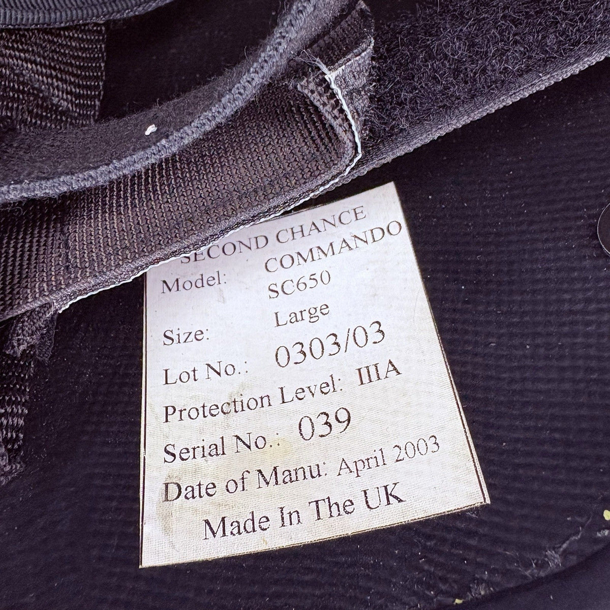 Second Chance IIIA (3A) Ballistic Helmet (Size Large) MADE IN UK, Bullet Proof