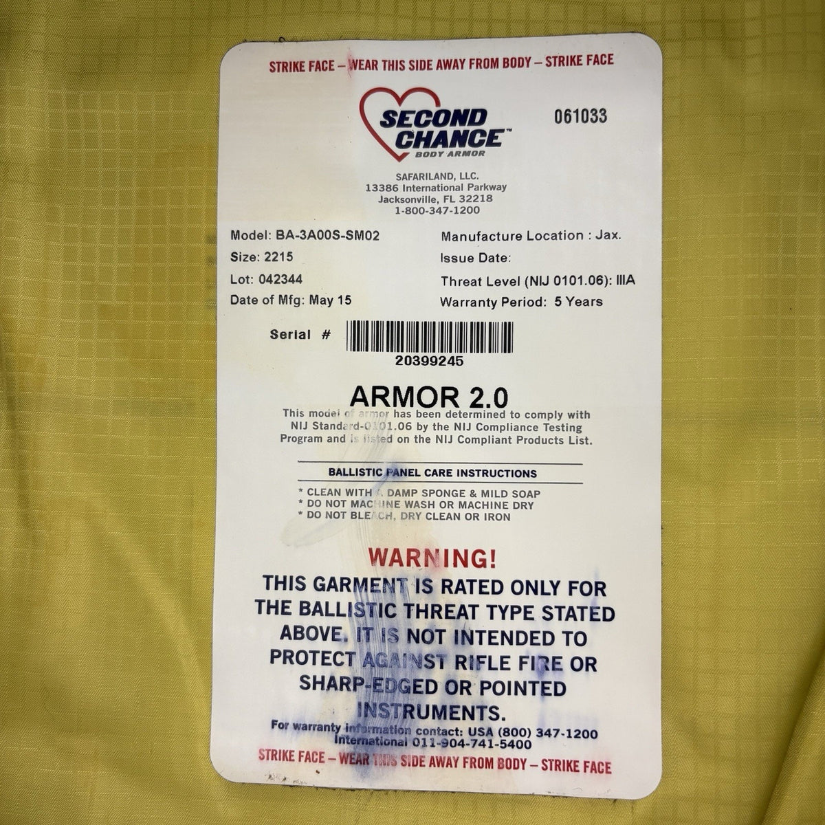 Second Chance 3A Ballistic Vest Size XL Bullet Proof IIIA Body Armor 2.0