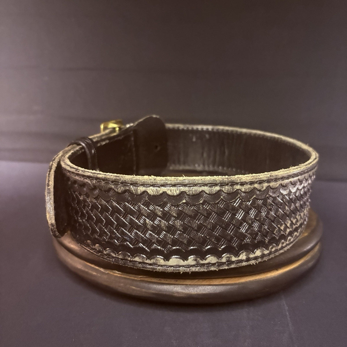 JS Leather Sam Browne Duty Belt Size 28" Black Basket Weave Leather Brass Buckle