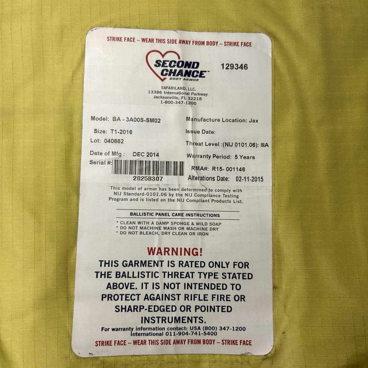 Second Chance 3A Bullet Proof Vest Size Medium Concealable IIIA Ballistic Vest
