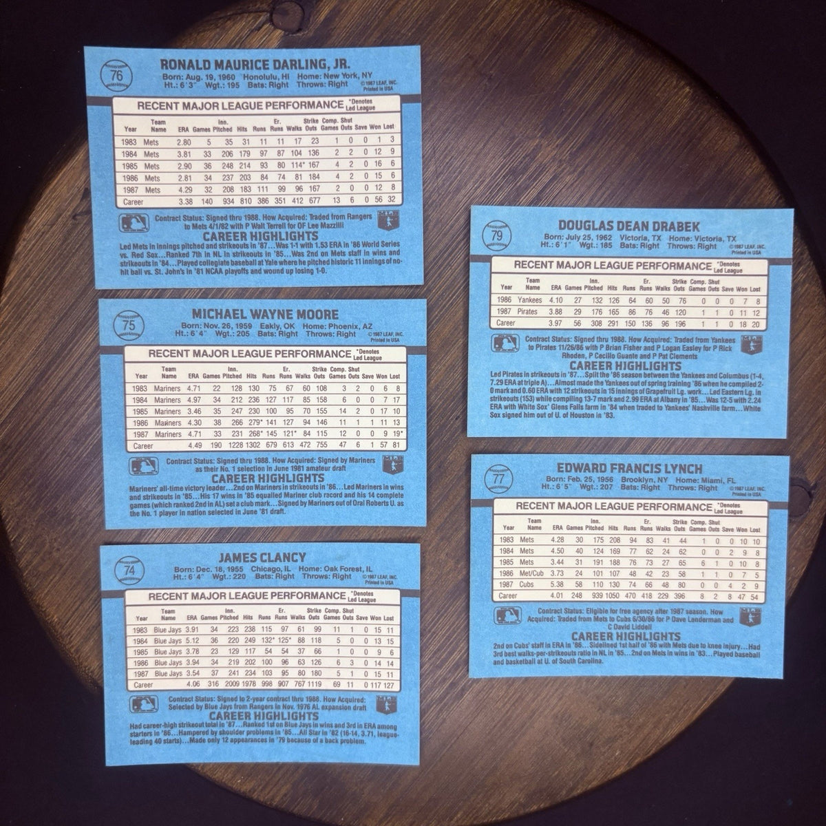 Donruss 1988 High Grade Cards #79, #77, #76, #75, #74 MLB Baseball (Lot 5)