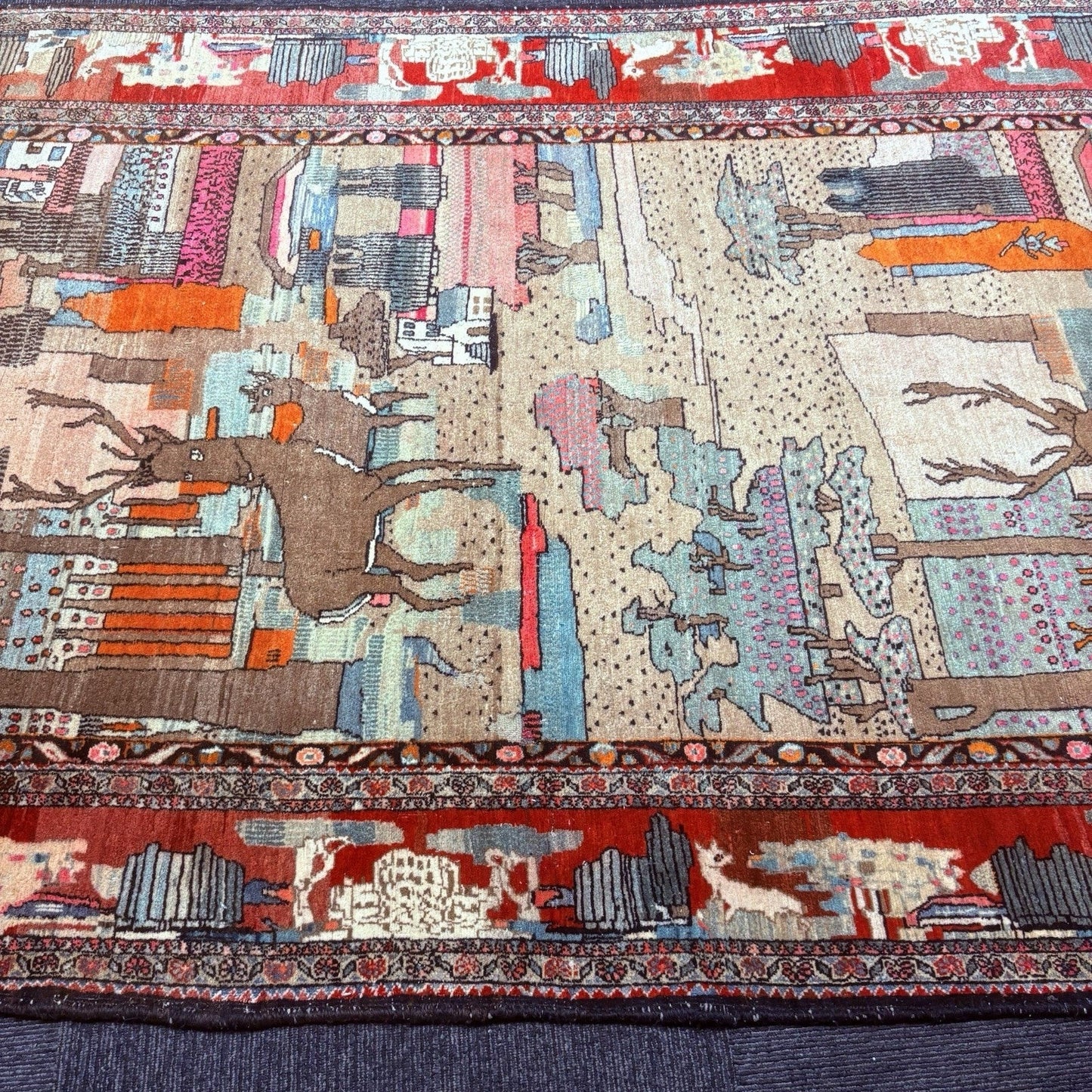 Antique Persian Hand Knotted Pictorial Rug 9'x5' 1940s Kashann Rug