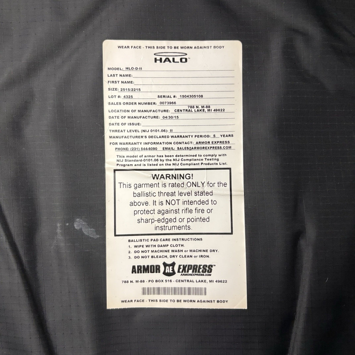 Armor Express Bullet Proof Vest Level 2 (II) Size XXL Concealable Ballistic Vest