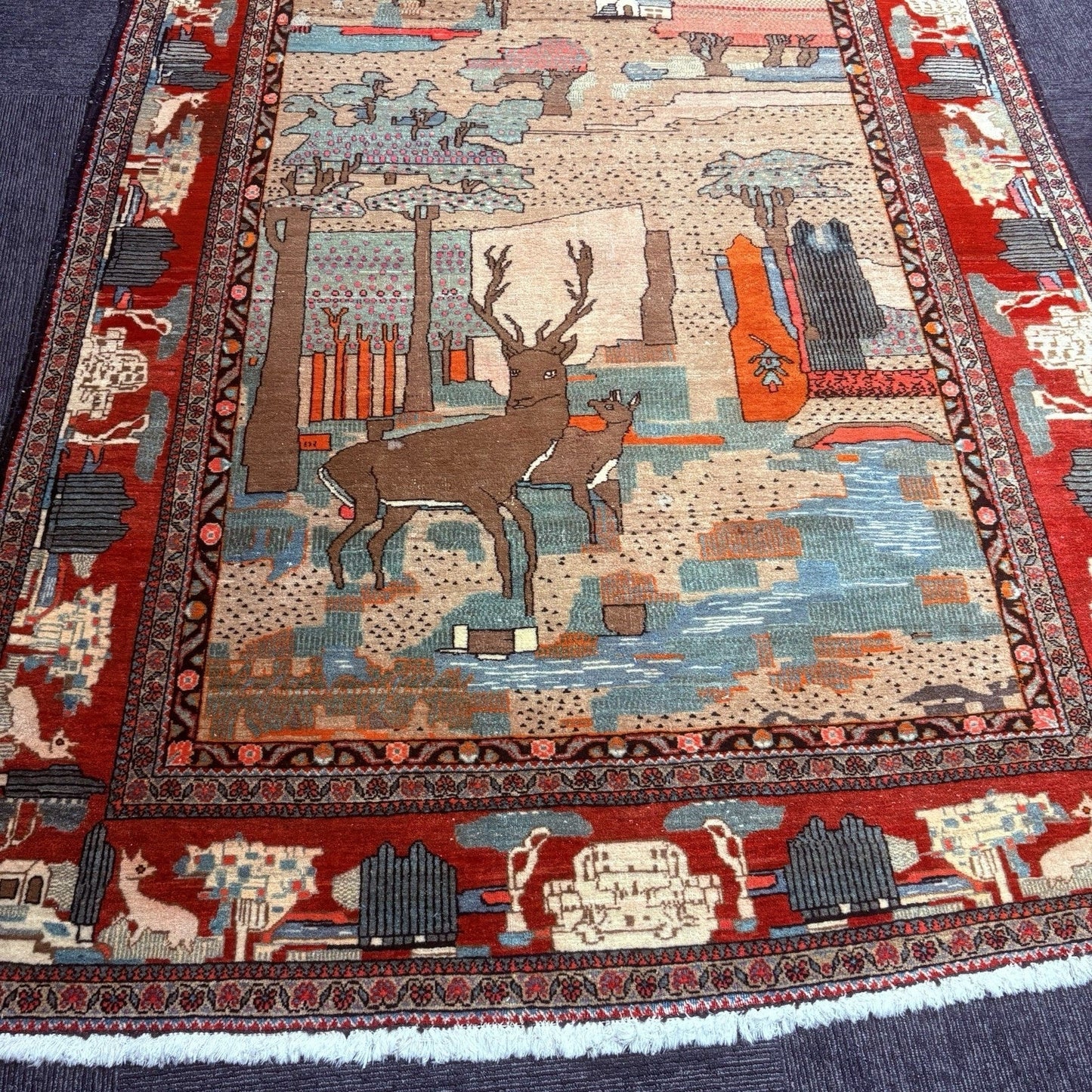 Antique Persian Hand Knotted Pictorial Rug 9'x5' 1940s Kashann Rug