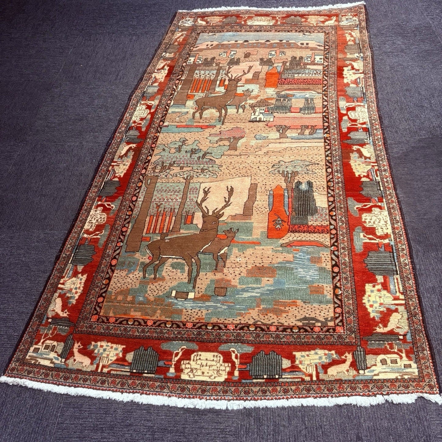 Antique Persian Hand Knotted Pictorial Rug 9'x5' 1940s Kashann Rug