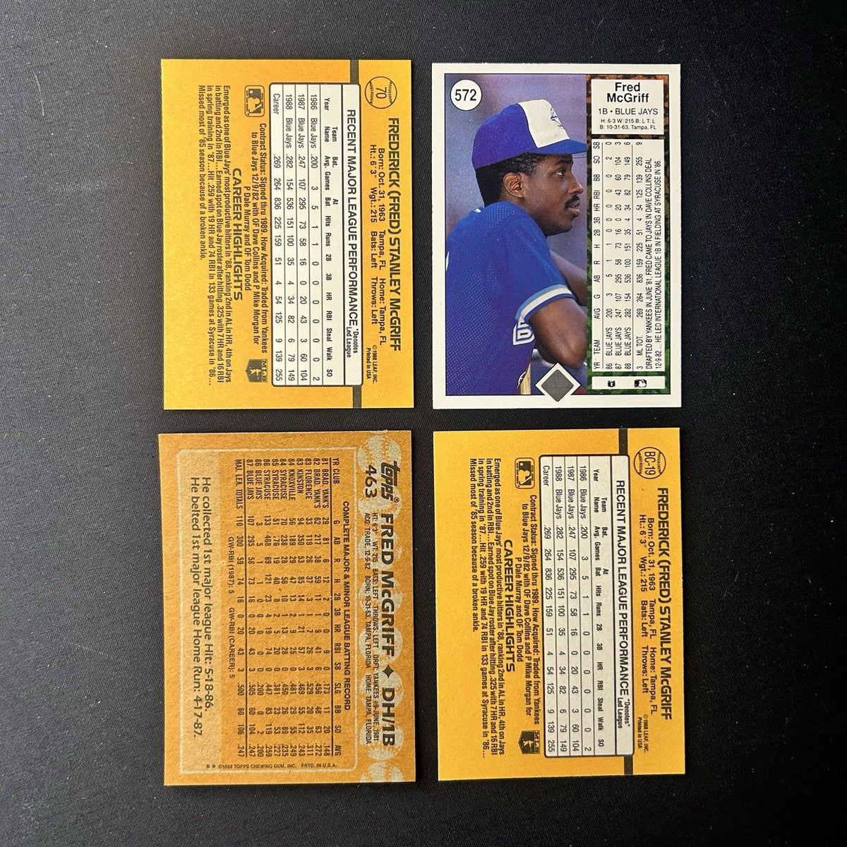 Fred Mcgriff (Lot Of 4) Trading Cards #70, #463, BC-19, #572