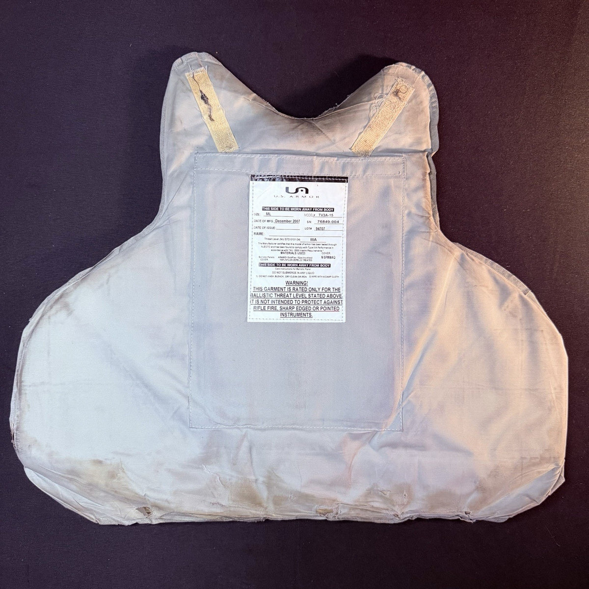 US Armor 3A Ballistic Vest Size Medium IIIA Concealable Second Chance Carrier