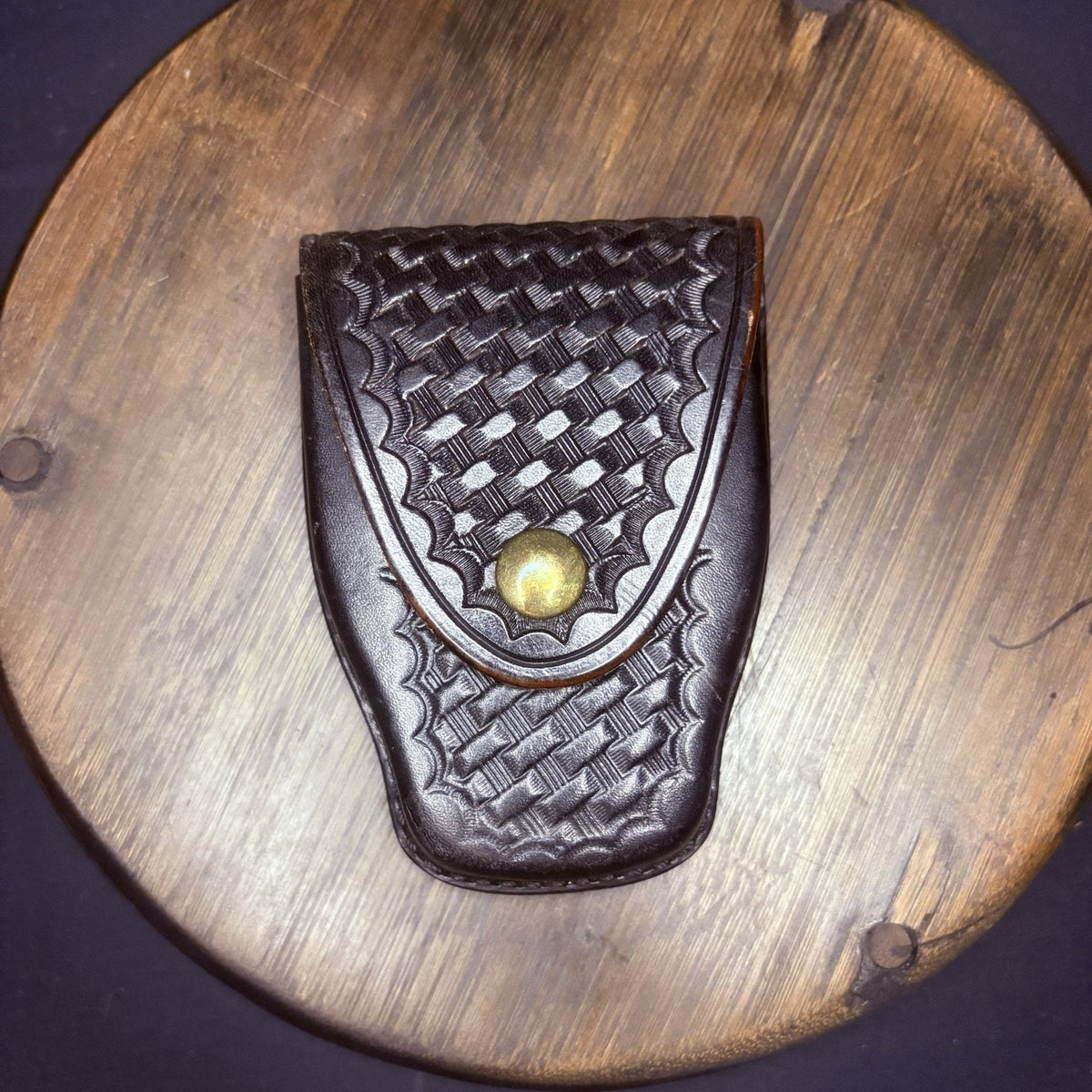 Tex Shoemaker Handcuff Case (204) Black Basket Leather Brass Snap Chain or Hinge