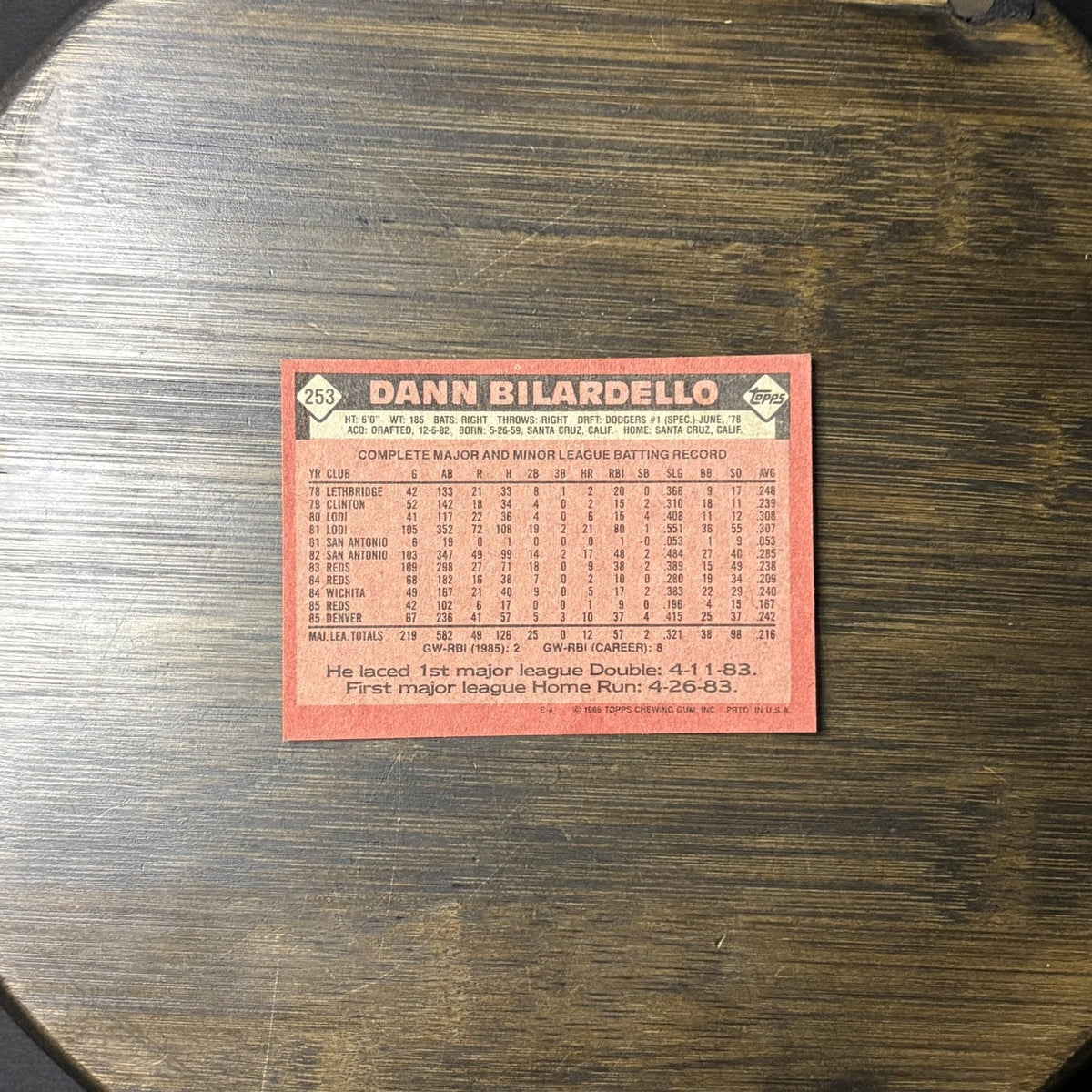 Dann Bilardello Cincinnati Reds 1986 Topps #253 ERROR Card See Photos