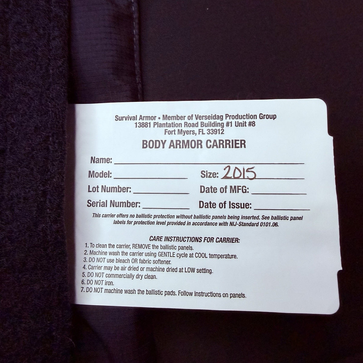 Survivor Armor Concealable Carrier Size XL Black Soft Armor Covert Vest