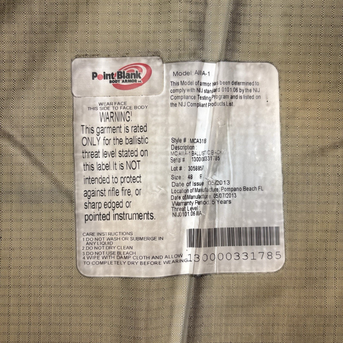 PB Armor 3A Bullet Proof Vest IIIA Size Large w/ Trauma Plate Concealable Vest