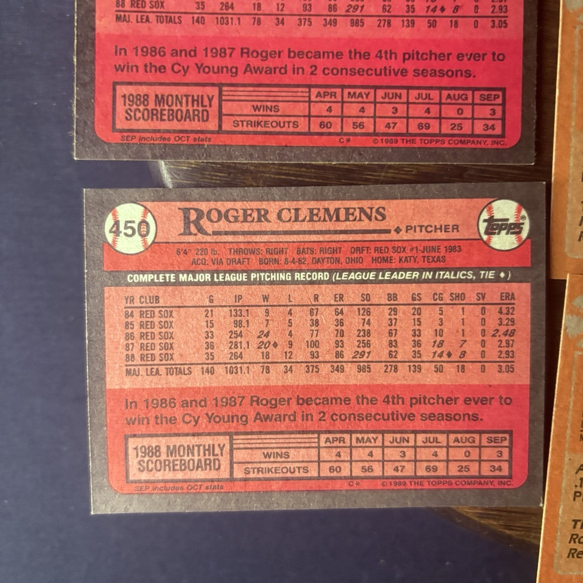 1987-1988 Roger Clemens (9) Card Lot, Topps & Donruss, #450, #280, #70, #51