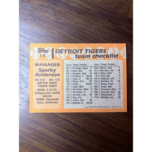 1988 Topps - Sparky Anderson Team Checklist #14 High Grade Baseball Card