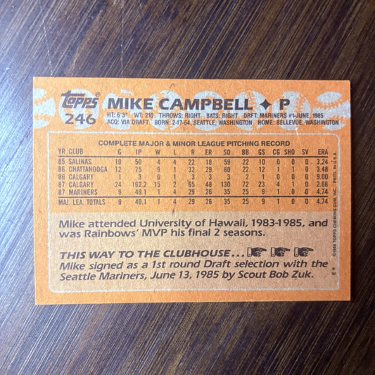 1988 Topps Baseball Card Mike Campbell Rookie Seattle Mariners #246