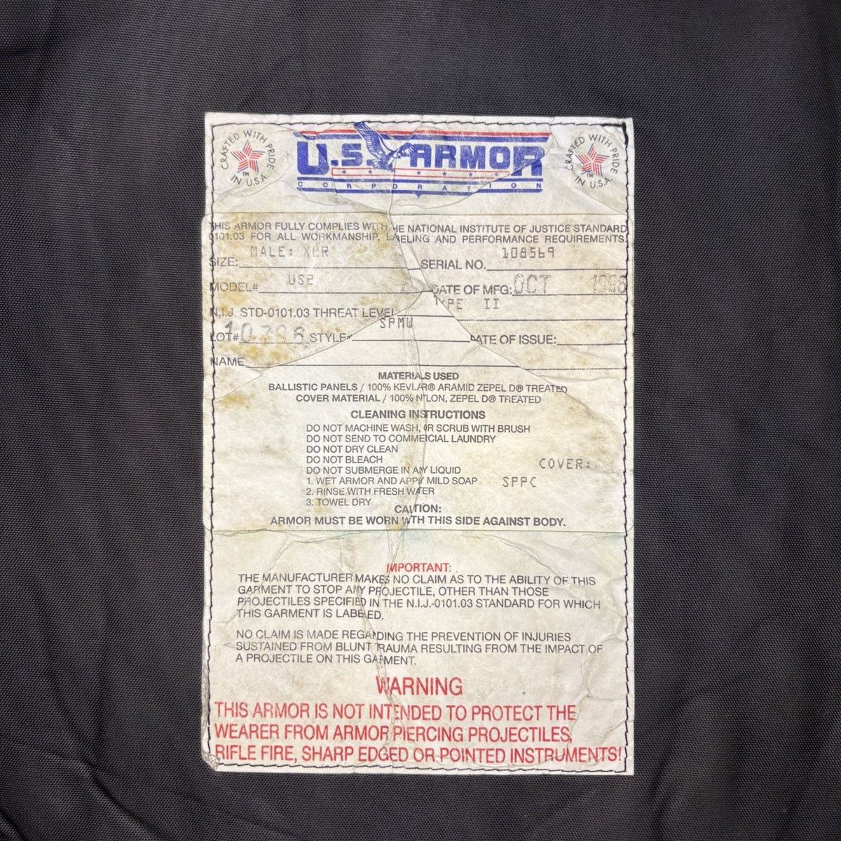 US Armor Ballistic Level 2 II Vest Size XL Made In USA Concealable Bulletproof