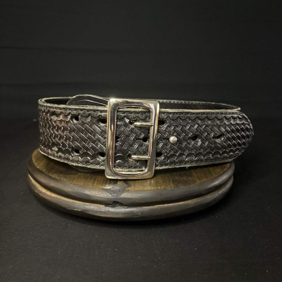 JS Leather Duty Belt Size 28" Waist Sam Browne Black Basket Weave Chrome Buckle