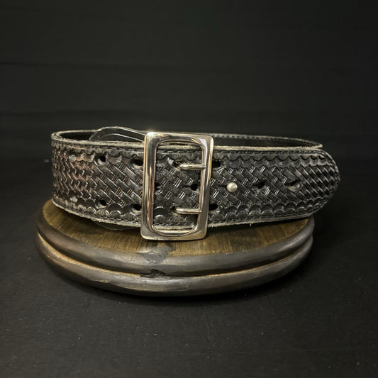 JS Leather Duty Belt Size 28" Waist Sam Browne Black Basket Weave Chrome Buckle