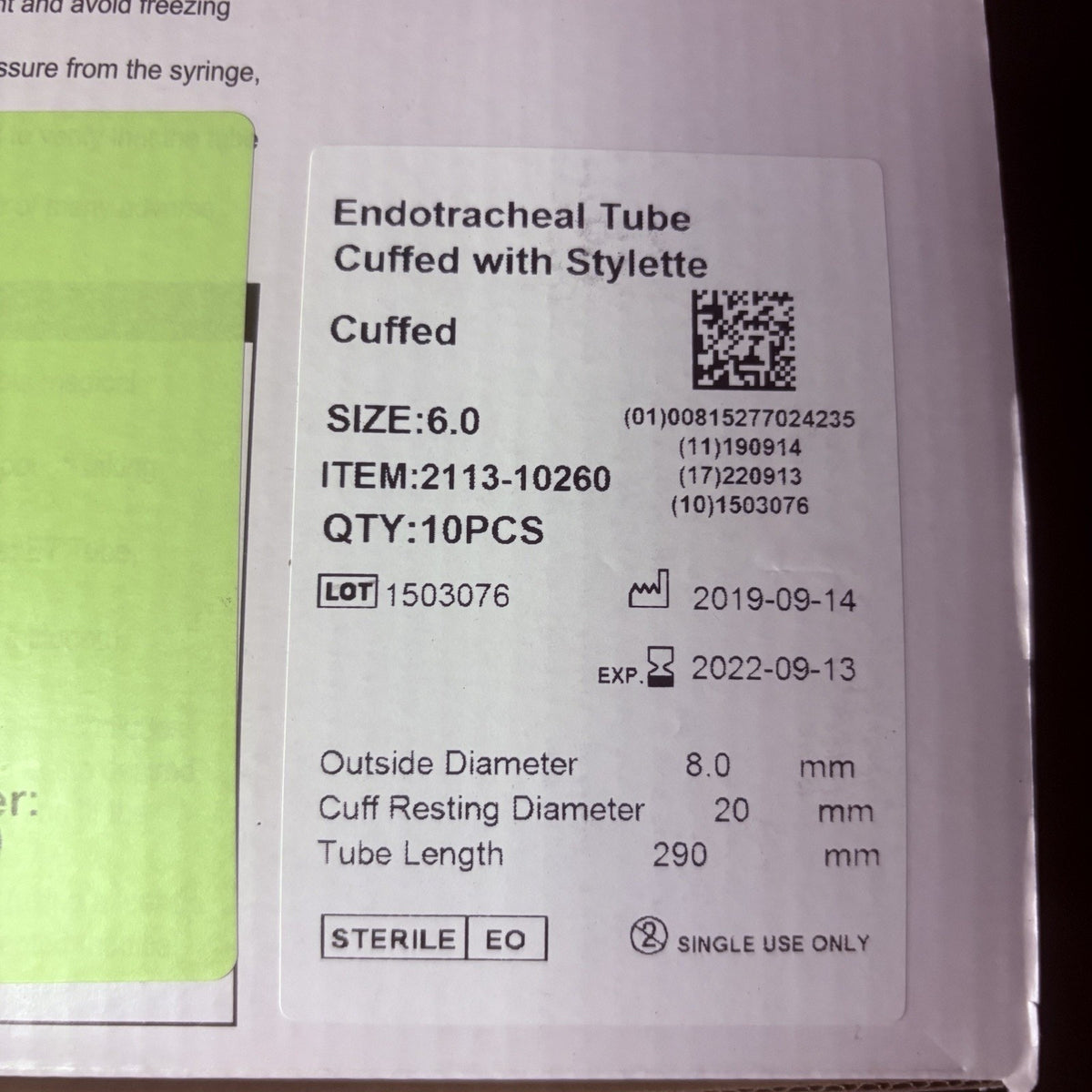 Sterile Endotracheal Tube 6.0 mm w/Cuff (Pack Of 2) Individually Packaged Sealed