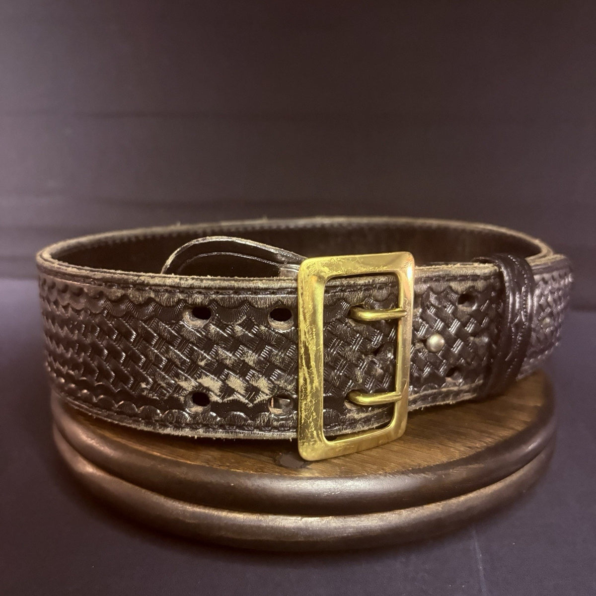 JS Leather Sam Browne Duty Belt Size 28" Black Basket Weave Leather Brass Buckle