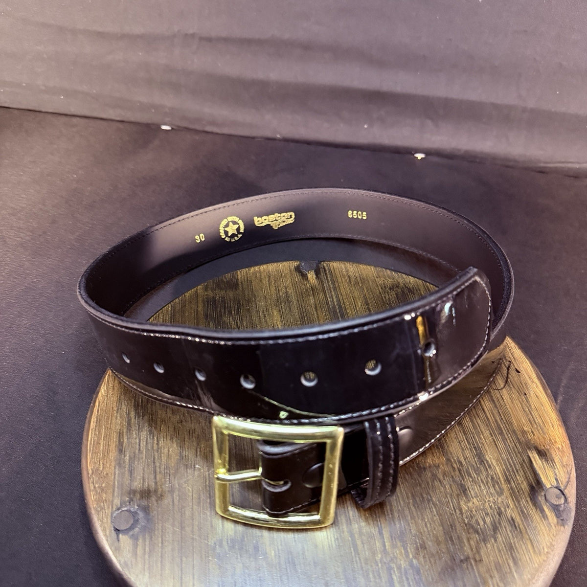 Boston Leather Belt Size 30" High Gloss Black Garrison Gold Buckle Made in USA