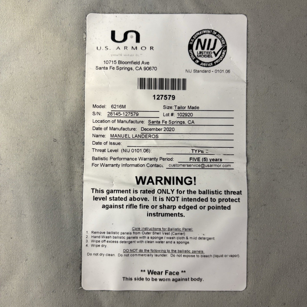 Bullet Proof Vest Level 2 (II) Size Small Concealable Vest 2020 US Armor Vest