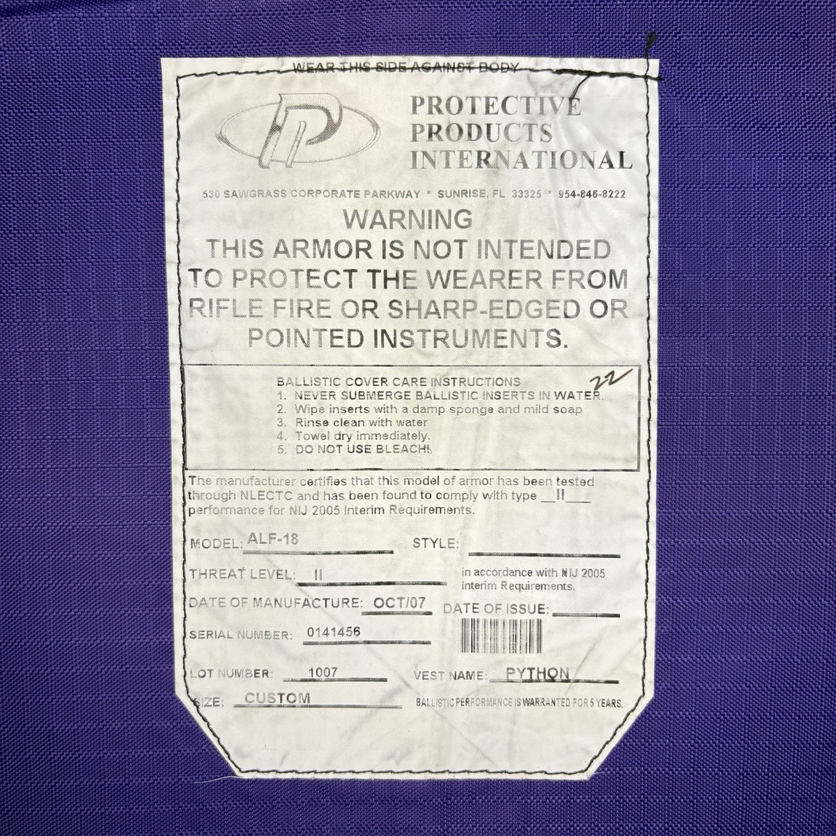 PPI Ballistic Level 2 II Vest Size LARGE Bulletproof Concealable Vest