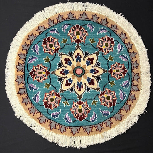 Persian Nain Round Medallion Rug Hand Knotted Size 20”x20” Or 50cm Blue Rug