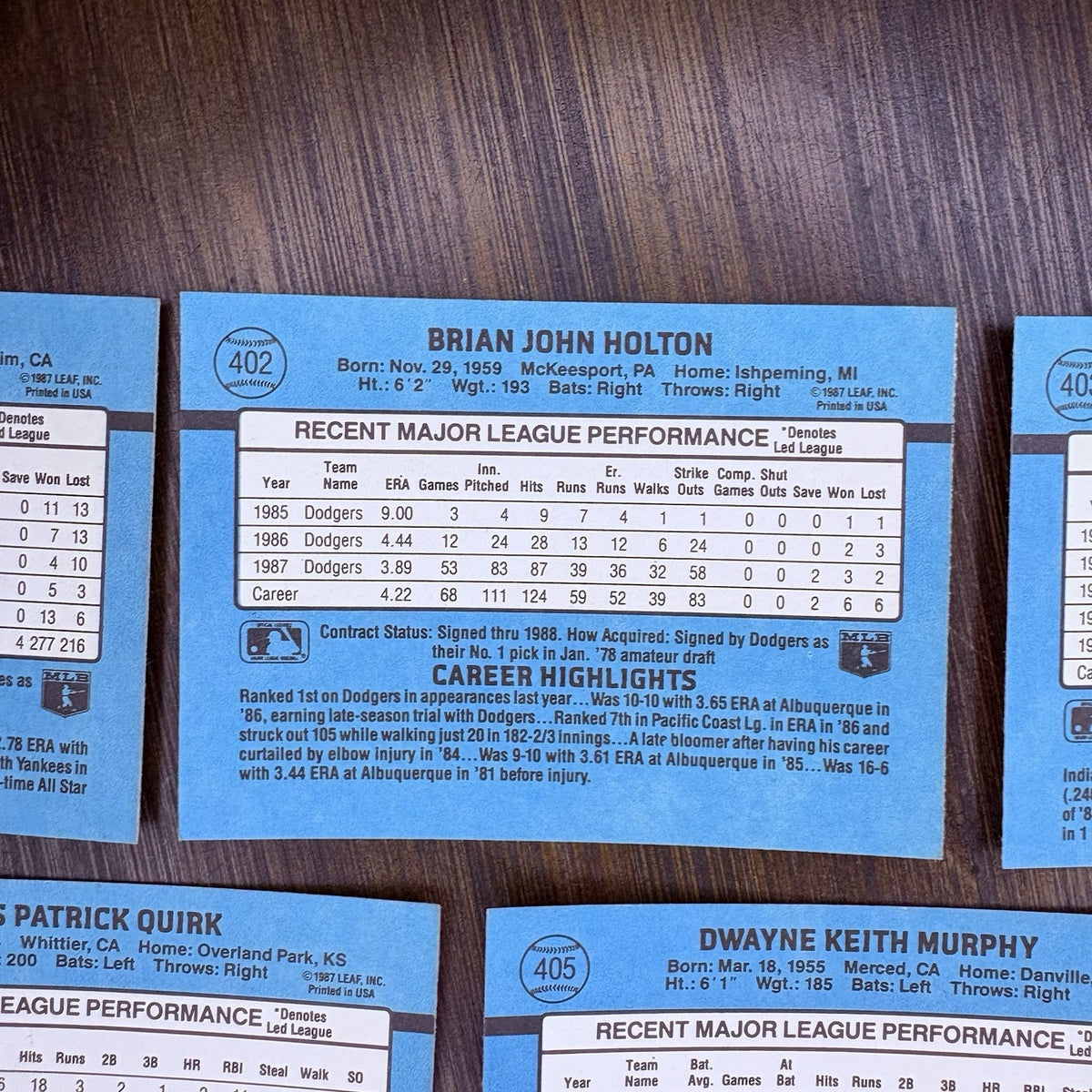 Donruss 1988 High Grade Cards #401, #402, #403, #404, #405 MLB Baseball (Lot 5)