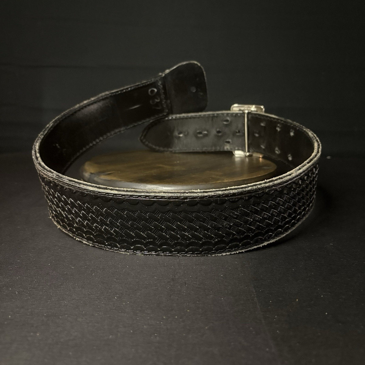 JS Leather Duty Belt Size 28" Waist Sam Browne Black Basket Weave Chrome Buckle