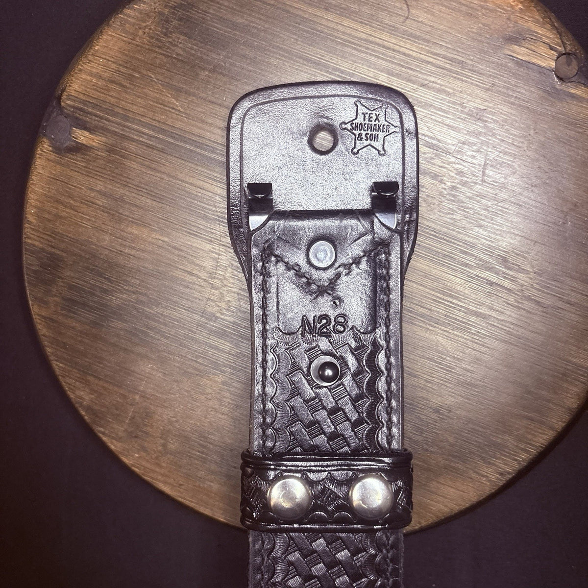 Tex Shoemaker Duty Belt Size 28" Basketweave Leather 2.25" Wide, Nickel Buckle